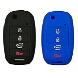 Coolbestda 2Pcs Silicone 4buttons Flip Folding Key Fob Remote Skin Cover Protector Keyless Entry Case for Kia Sorento Sportage Rio Soul Forte Optima Carens Black Blue （Not Fit Smart Key Fob）