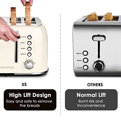 REDMOND Toaster 4 Slice, Retro Stainless Steel Toaster with Extra Wide