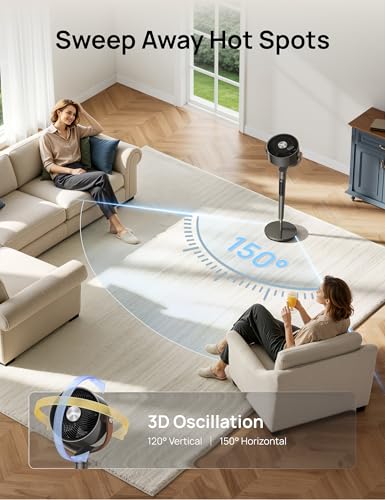 DREO Smart Fan For Bedroom, Standing Fans for Home, 120°+150° Oscillating Pedestal Fan Wi-Fi/Voice Control, 100ft 20db Quiet Circulator RGB Fan, DC Motor, 6 Modes, 12 Speeds, 37-42'' Adjustable Height
