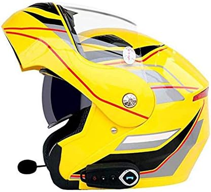 Initial Motorcycle Bluetooth Helmet, Front Anti-Fog Double Mirror with FM Automatic Answering/Modular Flip Bluetooth Travel Helmet D.O.T Certification,Yellow,L