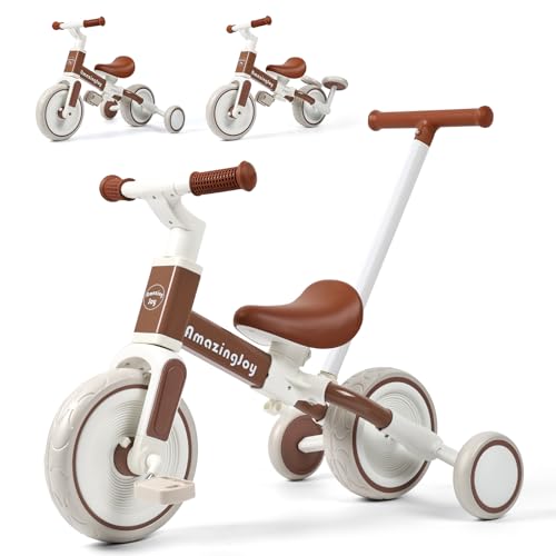 6 in 1 Toddler Tricycle with Push Handle Kids Tricycle for 2-5 Year Olds Toddler Bike for 1 Year Trikes for Kids 1-3 with Removable Pedal Adjustable Seat Birthday Gift Trike 1 to 3 Tricycle Brown