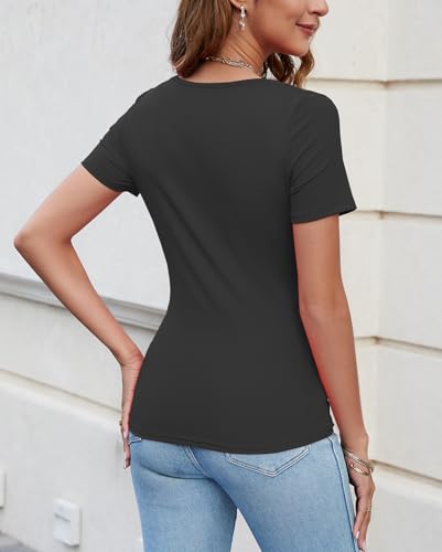 JSQTYSL WOMENS SHORT SLEEVE SCOOP NECK TOPS CASUAL SLIM FITTED BASIC SHIRTS (BLACK,L)
