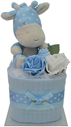 Cute Blue Giraffe Square Mini New Baby Boys Nappy Cake Baby Shower Gift - with Free UK Delivery!