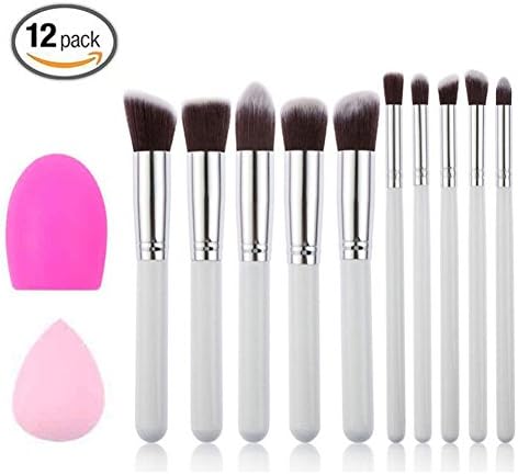 Professional Cosmetic Makeup Brush Kit Soft Synthetic Kabuki Face Foundation Blending Blush Eyeshadow Blush Concealer Powder Brush Kit with Blender Sponge and makeup Clean Tools(10+2pcs,White/Silver)