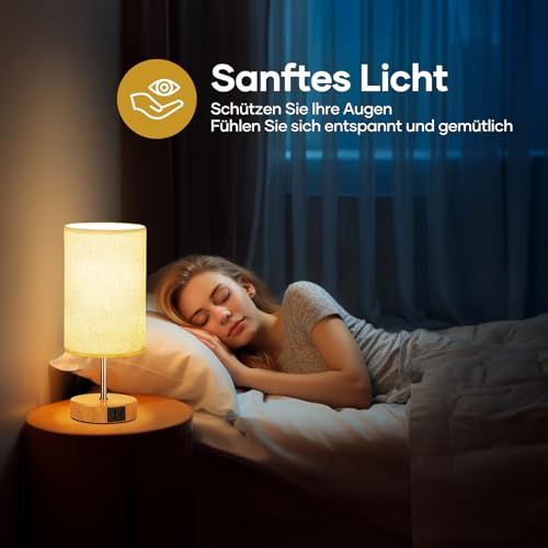 Suright Bedside Lamp Touch Dimmable Set of 2, Table Lamp with Charging Function USB A+C Connections, Linen Lampshade, Wooden Base, Small Lamp for Bedroom, Living Room (LED Bulb Included)