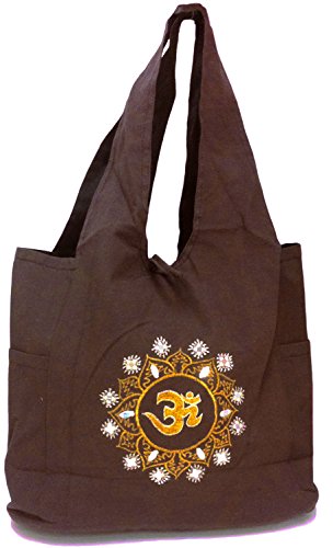 Om Yoga Bag - Shoulder/Sling Bag with Mirrors & Embrodiered Om Symbol and Cell Phone Pocket (Brown)