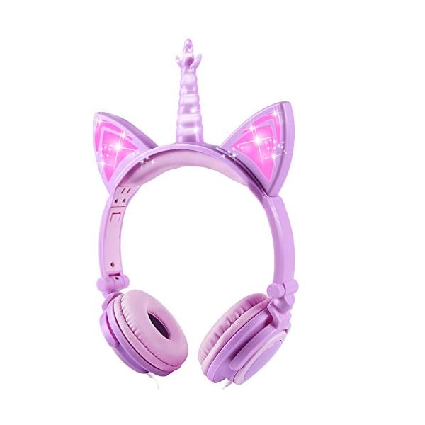 Unicorn-Kids-Headphones-Glowing-Cat-Ear-Headphones-with-85db-Volume-Limit-Foldable-Headphones-for-Kids-GirlsPurplePink esonstyle Unicorn Kids Headphones, Glowing Cat Ear Headphones with 85db Volume Limit, Foldable Headphones for Kids Girls…