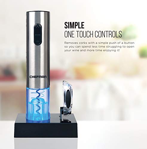 Chefman Electric Wine Opener W/ Foil Cutter, One-Touch, Open 30 Bottles On Single Charge, Automatic Corkscrew & Foil Remover, Rechargeable Battery, 110 Watts, 120 Volts, Stainless