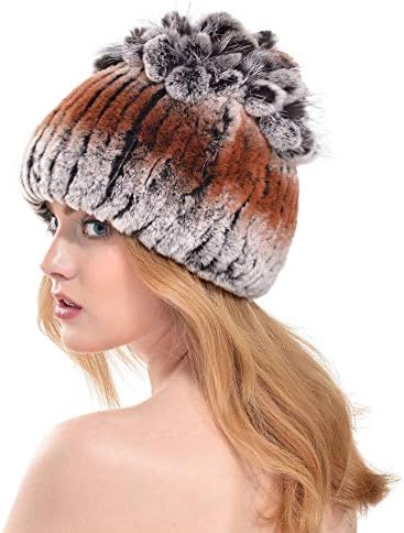 VEMOLLA Winter Real Stripe Knitted Rex Beanies Rabbit Fur Hat with Fox Fur Flowers