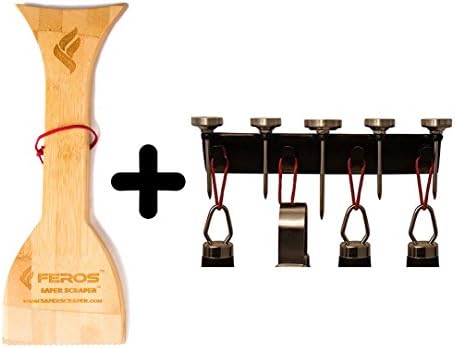 FEROS KIT – (2 items!) Safer Scraper Wood Grill Cleaner AND Magnetic BBQ Grill Tool Accessory Holder - Holds 4 Utensils and 5 Thermometers! Great to hold spatula, tongs, brushes