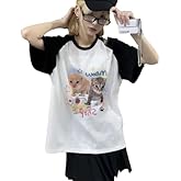 Women's Kawaii Cat Print T-Shirts Cartoon Letter Japan Style Kitten Short Sleeve Cute Print Tops Sweet Girl Y2k Tee Tops
