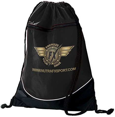NUTRAFX Drawstring Bodybuilding Sports Nutrition Gym Backpack with White Accent Piping with Logo (Black/Gold)