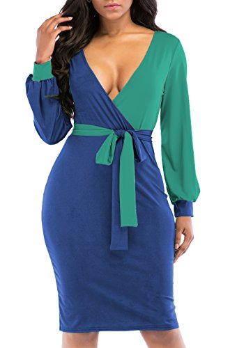 KISSMODA Long Sleeve Tie-Belt Pencil Dresses Faux Wrap Midi Bodycon Dresses For Women Plus Size Blue X-Large