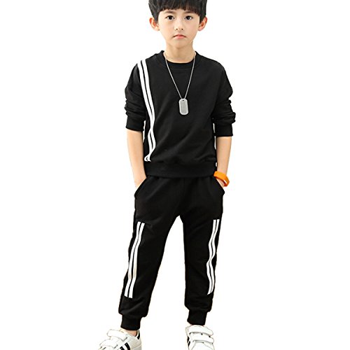 OnlyAngel Kids Boys Two Striped Printed Sweatsuits Crew Neck Top and Elastic Waist Pant Clothing Sets Age 4-12 (9-10 Years, Black) - Thumbnail 5