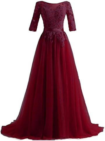 QiJunGe Elegant Long Evening Dresses Lace Half Sleeves Formal Prom Party Gowns Dark Red US 8