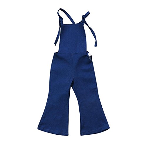 Minisoya Fashion Toddler Kids Baby Girl Backless Denim Jumpsuit Suspenders Overall Romper Bell-Bottom Flare Trousers (Blue, 5T)