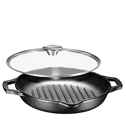 Preseasoned Deep Round Grill Cast Iron Griddle Pan with Glass Lid 10