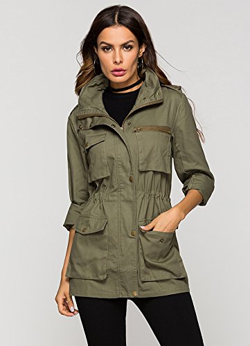 Escalier Women's Anorak Jacket Lightweight Drawstring Hooded Military Parka Coat Army Green - Thumbnail 3