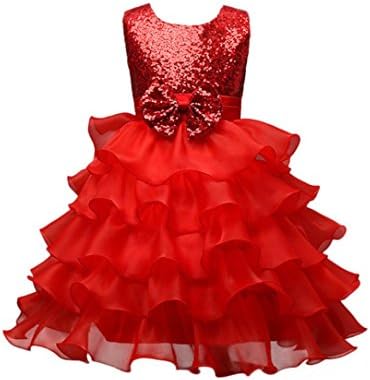 Baby Girl Dress Daoroka Kids Sequins Flower Bowknot Sleeveless Princess Wedding Bridesmaid Birthday Party Formal Tutu Ball Gown Skirts Cute Sweet Soft Summer Beautiful Sundress (140/7T, Red)