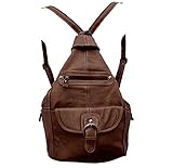 Womens Leather Convertible 7 Pocket Medium Size Tear Drop Sling Backpack Purse Shoulder Bag, Dark Brown