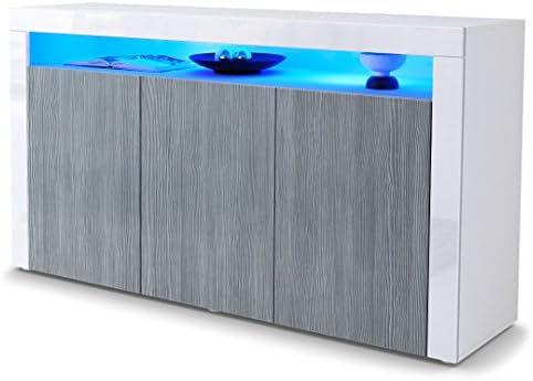 Vladon Valencia Sideboard, Cabinet with 3 Doors and 1 Open Compartment, White matt/avola-anthracite/white high gloss (155 x 92 x 40 cm)