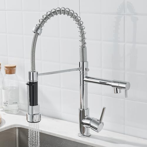 Cooltens Grifo para Fregadero de Cocina, Grifo Giratorio de Salida de Modo Dual, Grifo con Rociador de Resorte Extraíble para Mezclar Agua fría y Caliente, Profesional, Cromo