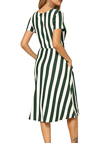 levaca Women Casual Swing Striped Loose Teen Pockets Midi Dress with Belt Green M - Thumbnail 3
