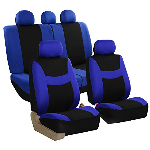 FH Group Flat Cloth Seat Cover Set Airbag & Split Ready, Blue/Black Color -Fit Most Car, Truck, SUV, or Van