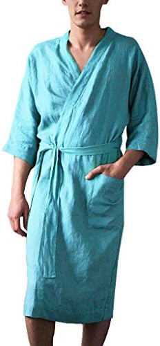 DAYLIN Men Short Sleeved Sleepwear Evening Long Bathrobe Home Clothes Solid Color Linen Pajamas Robe