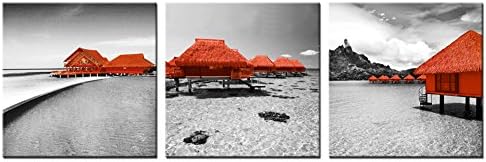 3 Panels Modern Landscape Painting Maldive Hut Picture Printed Seaside Painting Wall Art For Home Decoration Stretched and Framed (40cmx40cmx3pcs, blue)