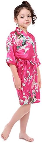 Lilytots Girl's Peacock Floral Satin Kimono Robe Bridal Blossoms Sleepwear Robe For Spa Wedding Party (8, Hot Pink)