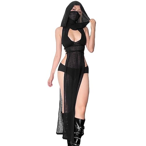 Sexy Rave Outfits for Women Festival Black Hood Sheer Mesh Dress - Main Image
