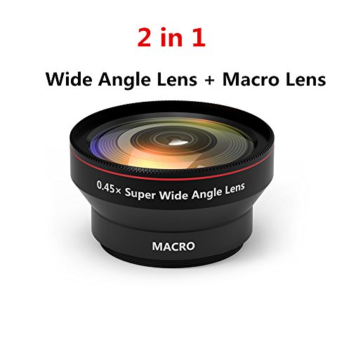 Phone Camera Lens, 2 in 1 Clip-On Lens Kit 0.45X Super Wide Angle Lens & 12.5X Macro Lens for iPhone, Samsung, Android and Other Smartphones (Black)