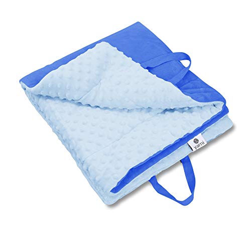 Yarni Baby Blanket Soft Minky Dotted Fabric Folds into Bag | Play Mat Bag| Tummy Time mat | Warm Double Layer Fabric - for Boys, Girls, Newborn, Toddler Size Crib Bedding | 3 Colors (Soft Blue/Navy)