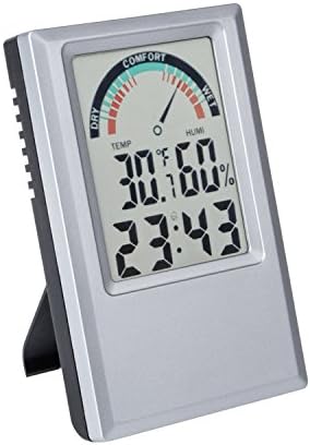 EWTTO Temperature and Humidity Electronic Meter, Wall &amp; Desktop Alarm Clock with LCD Display Max/Min Humidity Thermometer Memory (Silver)