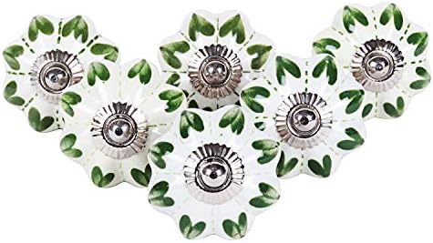 Set of 6 Black & White Hand-Painted Ceramic Door Knobs with Leaf Motifs