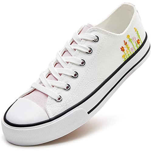 ZGR Women’s Canvas Low Top Sneaker Laceup Classic Casual Shoes Black and White(White Flower