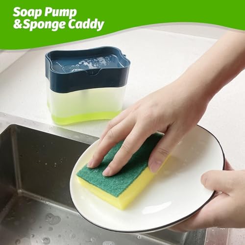 SKY-TOUCH 2 In 1 Sponge Rack Shelf Soap Detergent Dispenser Pump, Large Capacity With Sponge, 1 Hand Operation