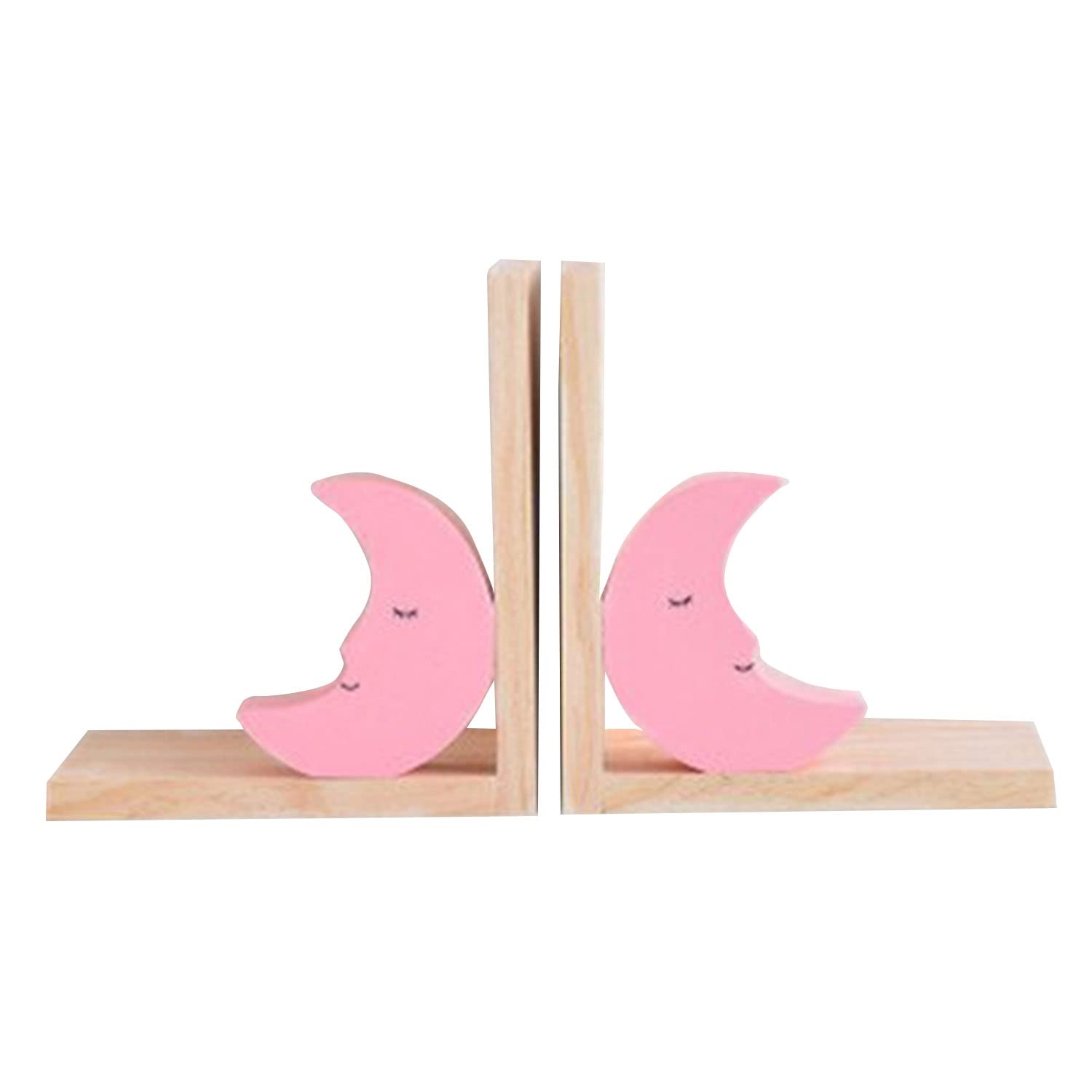 Nacnic Set of Two Wooden Pink Moon Bookends. Anti-slip bookends for bookshelves. Children's room decoration.