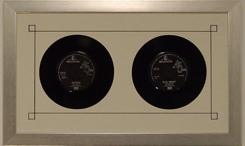 45 Double (6 7/8") Vinyl Record Frame - For Two (2) 45 RPM Records Featuring White (Black Trim) Mat Design and Solid Wood Brushed Silver Finish Frame