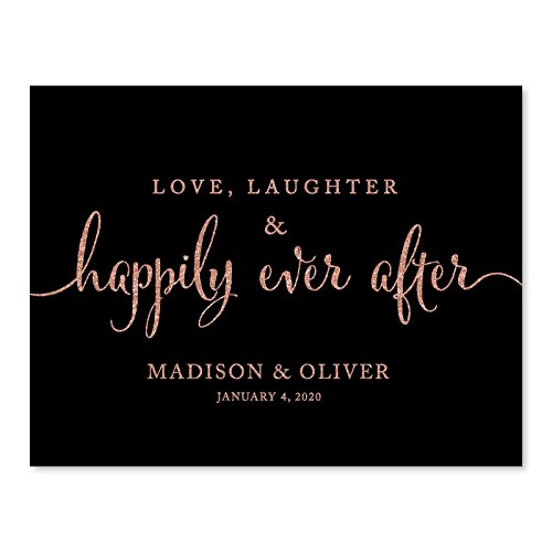 Andaz Press Personalized Wedding Party Signs, Faux Rose Gold Glitter on Black, 8.5×11-inch, Love, Laughter & Happily Ever After, 1-Pack, Custom Made Any Name