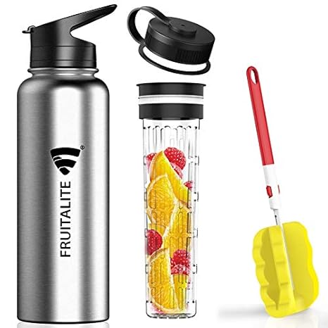 Fruitalite Thermos/Stainless Steel Fruit Infuser Water Bottle- 1.2 Litre with 2 Lids, Tritan Infusion Rod, Infused Detox Recipe eBook, Double Walled Vacuum Insulated (Grey/Chrome)