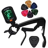 MOREYES Tuner Clip On Chromatic, Guitar, Bass, Violin, Ukulele Include Guitar Capo & Picks & Holder (Tuner+Capo)