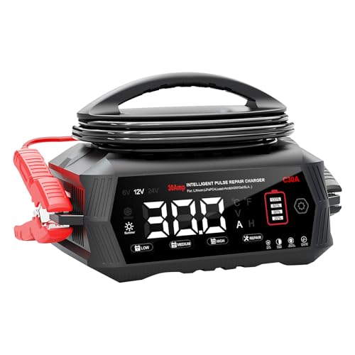 30A Car Battery Charger, Haisito 6V/12V/24V Charger and Holder for AGM Gel SLA EFB LiFePO4 9 Stage Auto Charger with LCD Display for Car Motorcycle