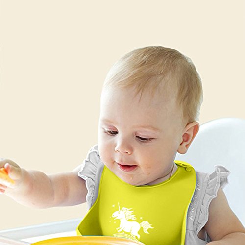 Silicone Bib, Adjustable Snaps Feeding Bibs,Bibs for Toddlers Newborns Infants,Baby Christmas Birthday Gifts with Gift-Wrapping,Easily Wipes Clean,Set of 2 Colors (Green+Yellow)