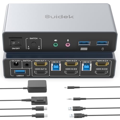 SUIDEK HDMI KVM Switch 2 Computer 2 Monitore, 4K@60Hz KVM Switch 2 in 2 out