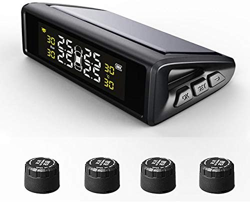 Backber Universal Solar Car Tyre Pressure Monitoring System with 4 External Sensors, External-Digital LCD Monitor, Auto Cars Safety Alarm (Matt Black)