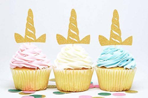 24 Pack Unicorn Party Cupcake Toppers Glitter Gold Unicorn Horn Shape Cake Decoration