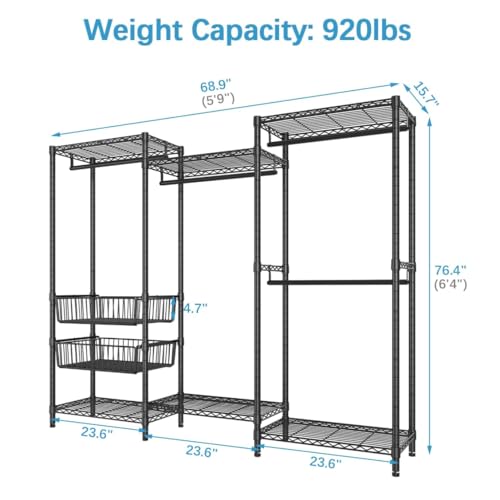 VIPEK V10 Wire Garment Rack 5 Tiers Heavy Duty Clothes Rack with Hanging Rods, Wire Shelves & 2 Slid Storage Baskets, Large Size Clothing Rack 68.9" W x 15.7" D x 76.4" H, Max Load 920 LBS, Black