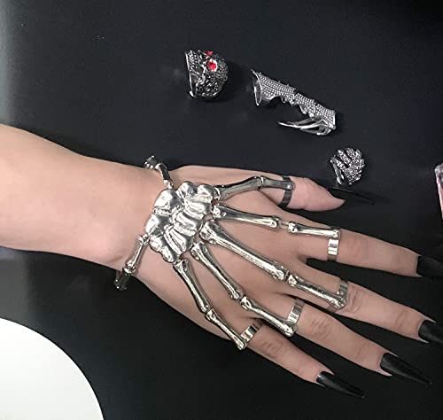 LAKIYOYO 4pcs Halloween Skull Skeleton Hand Bracelet with Ring Punk Wristband Skull Fingers Hand Bracelet Skeleton Ring Hallowmas Gifts Jewelry